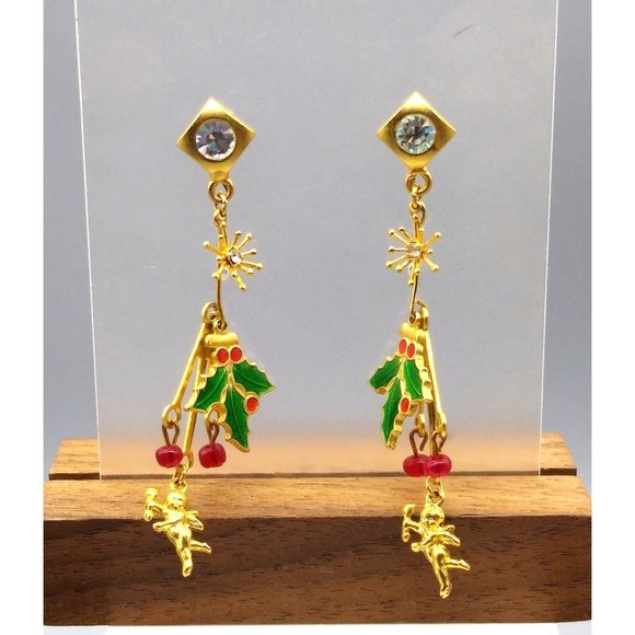 Fun Christams Shoulder Duster Earrings, Gold Tone Crystals Drop to Whimsical - Picture 1 of 4